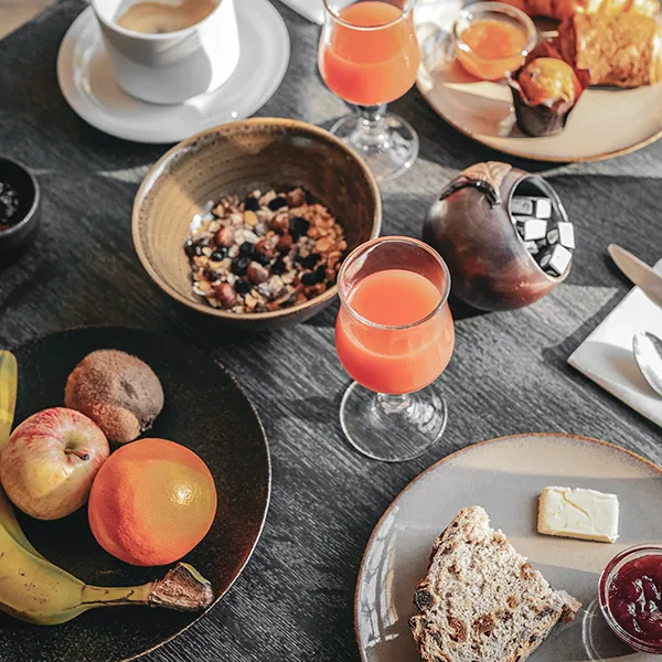 Breakfast buffet of the Ranuniere firm hotel with gourmet pastries and fruit